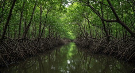 Obraz premium Serene Mangrove Tunnel: A Tranquil Escape into Nature's Embrace