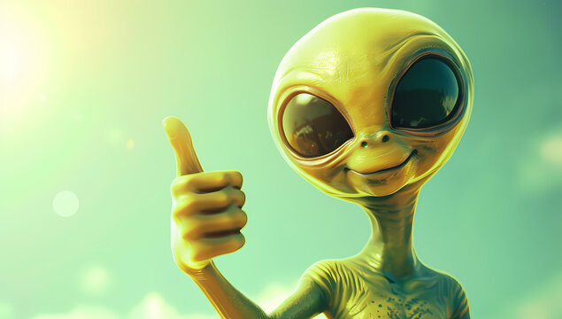 Cute green alien with big eyes waves his hand on a blurry background