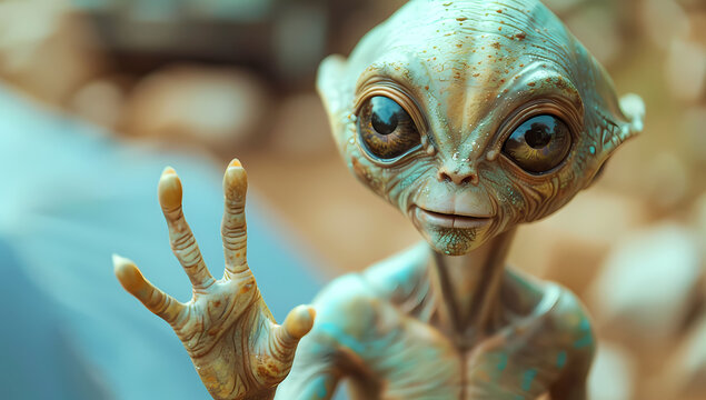 Cute grey alien with big eyes waves his hand on a blurry background