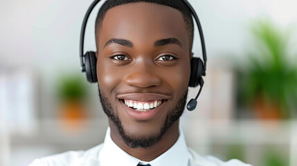 Friendly young male call center agent offers support with a bright smile, ensuring customer satisfaction and assistance.