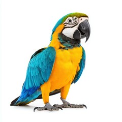 Vibrant parrot perched gracefully, showcasing its stunning feathers and playful spirit against a pure white backdrop.