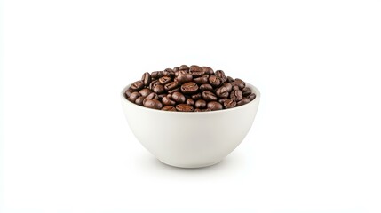 Obraz premium A smooth bowl filled with rich coffee beans stands out against a soft white backdrop for a serene coffee vibe.