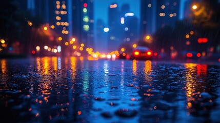 Rainy night city street lights reflecting on wet pavement. Use Stock photo