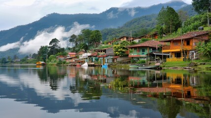Fototapeta premium Serene Lakeside Village with Colorful Houses and Mountains Under Cloudy Sky Reflecting in Calm Water During Early Morning Hours