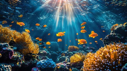 Obraz premium Abstract Aquatic Background of a Deep Blue Ocean Aquarium with Tropical Water and Sunlight Rays.