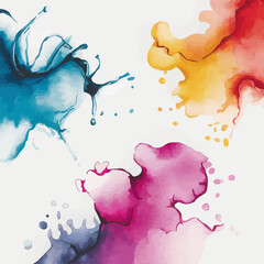A set of watercolor splashes blending blue, pink, yellow, and purple tones in an expressive abstract style.