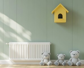 A children's room wall with an empty space mockup, pastel green walls, wooden floor, and white radiators on the wall
