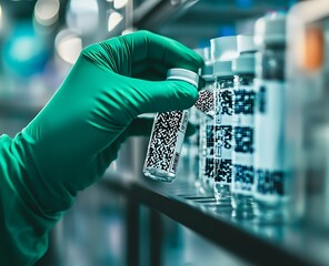 A close-up of a hand in green gloves is placing white vials with black bar code symbols on them onto a laboratory shelf, with a blurred background, macro photography, stock photo