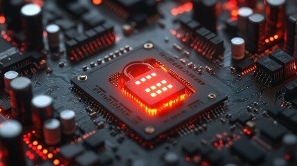 A vivid red padlock icon glows on a circuit board, symbolizing digital security in a hightech environment.