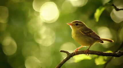 Obraz premium A tranquil scene of a small bird on a branch, its calm demeanor blending beautifully with the soft, blurred surroundings.