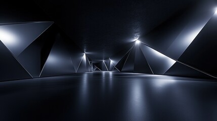 Futuristic dark tunnel with triangular walls, spotlights, and reflective floor