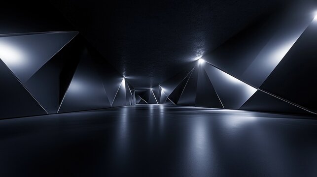 Futuristic dark tunnel with triangular walls, spotlights, and reflective floor