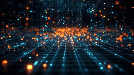 Futuristic data stream network, glowing particles in digital space