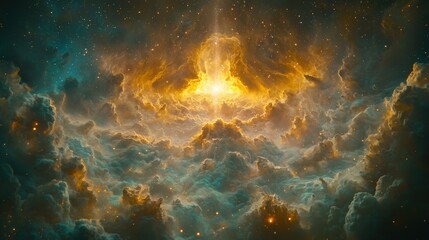 Obraz premium Cosmic Nebula, Golden Light, Space, Celestial Formation
