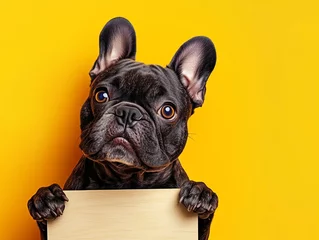  Cheerful, funny french bulldog holding up an empty sign, a white blank board with space for text, on a yellow background. © silver bug