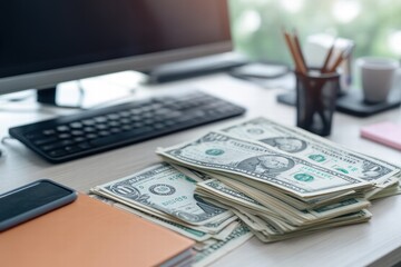 Fototapeta premium Bills of various currencies scattered on an office desk during a busy workday