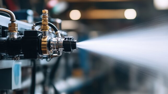 Jet-powered high-pressure water pump spraying water in a factory setting.