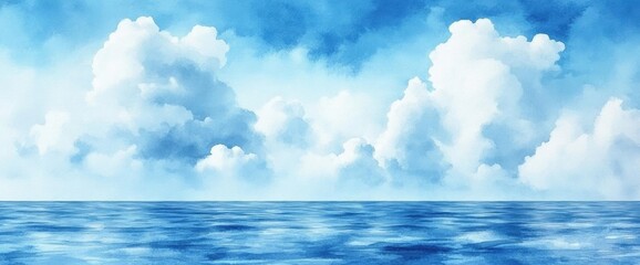 Serene Watercolor Painting of Calm Blue Sea Reflecting Cloudy Sky In Daylight
