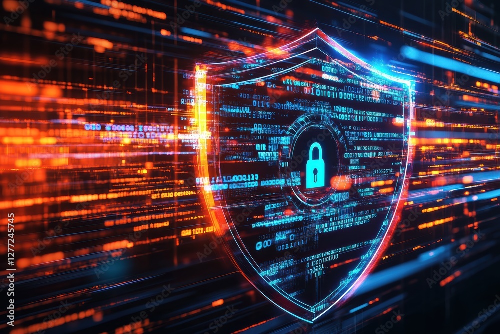 Poster digital code flows seamlessly through a shield with a locked symbol representing cyber security