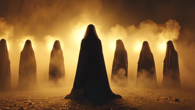 A dark ritual unfolds as a coven invokes spirits, led by a mysterious figure in an eerie, clean backdrop.