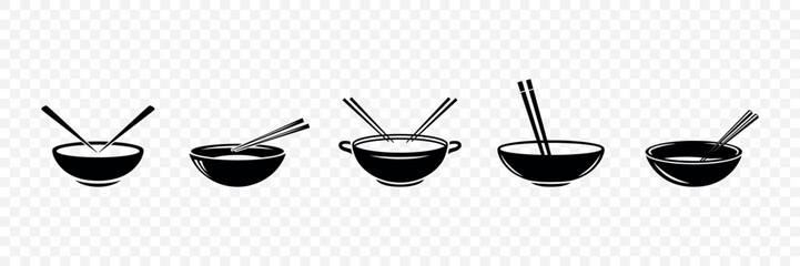 Flat Silhouette Vector Asian Cuisine Illustration Set. Ramen Bowl, Noodle Bowl Icon for Sushi Restaurant Emblem. Asian Food Design Template, Food Symbol