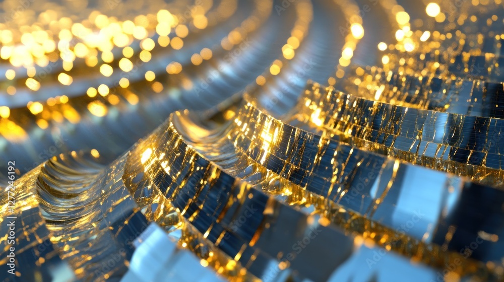 Poster abstract gold and blue metallic swirling texture with glowing particles.