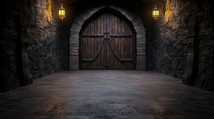 Obraz premium Old wooden door entrance to a dark castle hallway with medieval lamps in a dungeon background