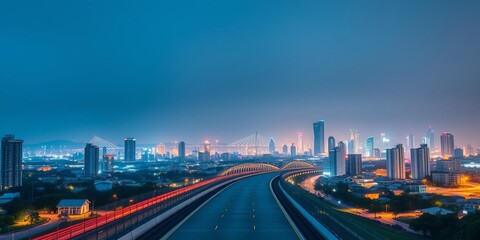 Fototapeta premium A long urban pathway leading towards a bright horizon symbolizing the advancement of the leading AI community, technology, innovation, community