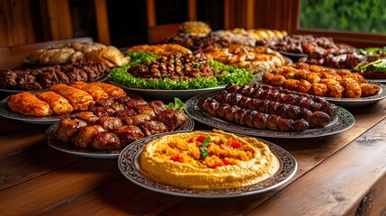 Obraz premium Plated Middle Eastern buffet feast on table, indoor dining, possible restaurant promo