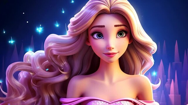 Immerse in a world of enchantment with a magical cartoon princess in a pink dress, radiating glowing sparkles and elegance.