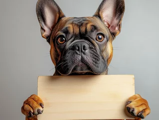 Cheerful, funny french bulldog holding up an empty sign, a white blank board with space for text, on a white background.