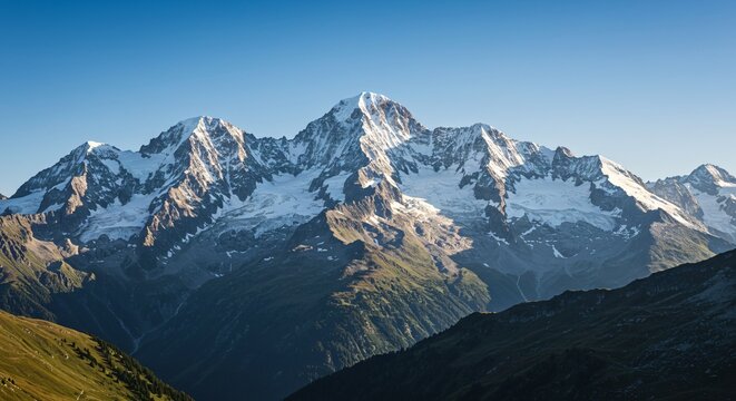 Majestic mountain range with snow-capped peaks and clear blue sky