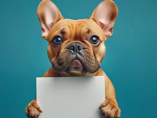 Gardinen Cheerful, funny french bulldog holding up an empty sign, a white blank board with space for text, on a blue background. © silver bug