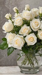 A stunning display of white roses arranged elegantly in a clear glass vase, complemented by lush green foliage, resting on a rustic wooden table. Generative AI
