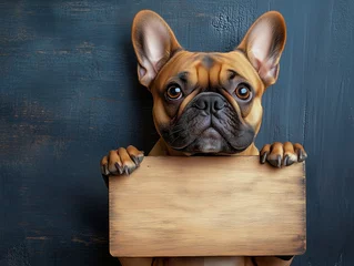  Cheerful, funny french bulldog holding up an empty sign, a white blank board with space for text, on a blue background. © silver bug