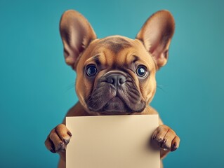 Cheerful, funny french bulldog holding up an empty sign, a white blank board with space for text, on a blue background.