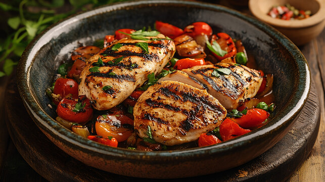 Grilled chicken fillet dish, served in a rustic ceramic plate, food photography