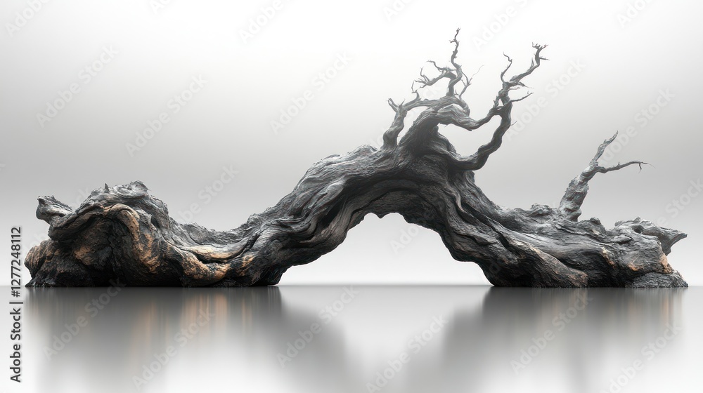 Poster abstract gray and gold gnarled tree trunk sculpture on reflective surface.