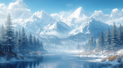 A serene snowy mountain landscape with towering pines, a frozen lake, and soft sunlight casting a glow over the crisp winter air.

