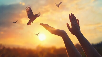 A powerful symbolic image of hands releasing a dove into the golden sky at sunset, representing peace, hope, and freedom.  

