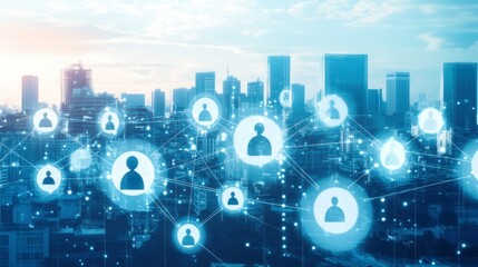 Obraz premium An aerial shot of a bustling city with digital overlays of business growth and networking connections.