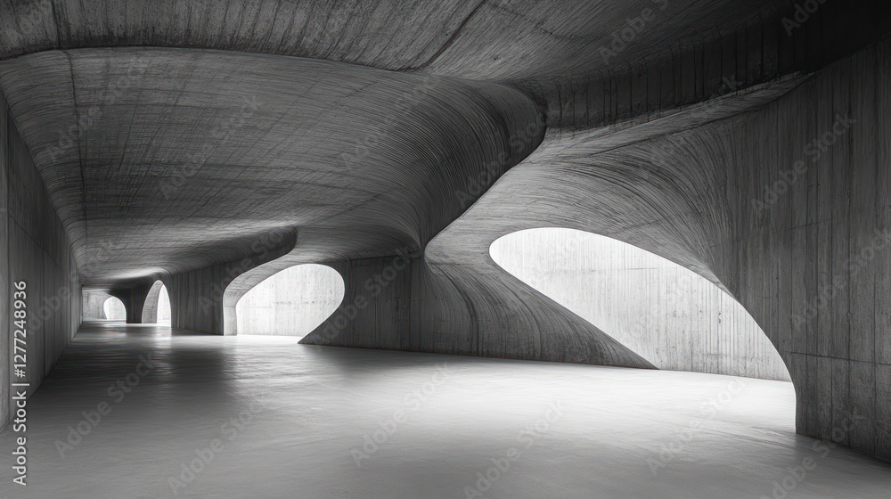Aufkleber Abstract grayscale image of a modern concrete structure with flowing, organic forms and dramatic lighting.