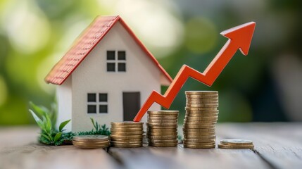 Miniature house with rising coins, real estate investment, increasing value, financial growth, property market