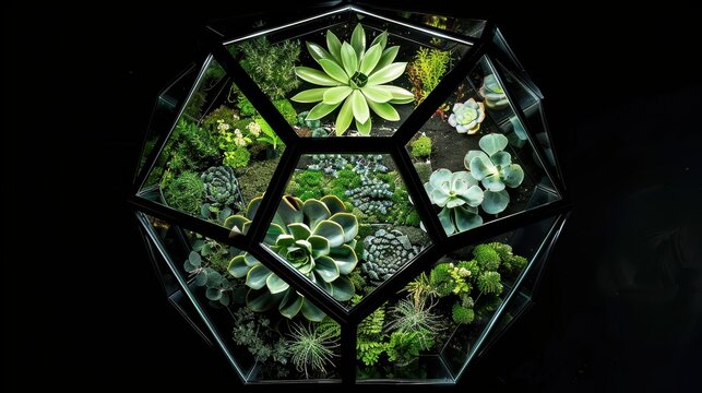 A Stunning Geometric Terrarium Displaying Vibrant Succulent Plants and Lush Greenery in a Modern Glass Container Against a Dark Background