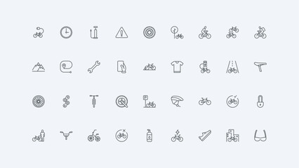 Handlebar and chain, brake and pump thin black outline symbols vector illustration. Bicycle and bike parts, tools of repair and maintenance service, cycling and gears of cyclist line icon set