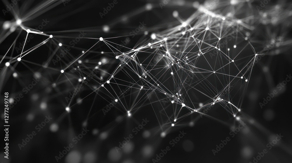 Poster abstract grayscale plexus background with glowing nodes and connections.