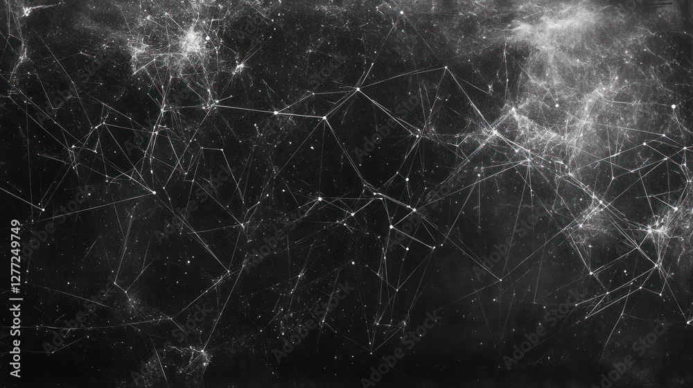 Poster Abstract grayscale network background with connected dots and lines, resembling constellations or neural network.