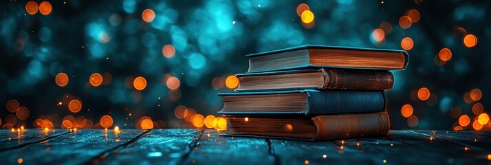 Decorative graphic layout showcasing stacked books with a glowing background for online promotion