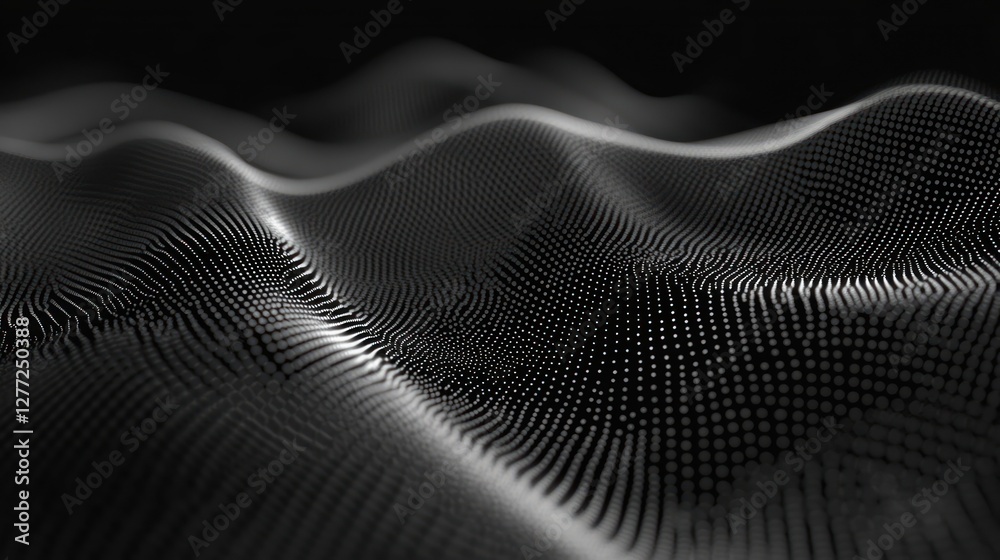 Poster abstract grayscale wave pattern, digital rendering of flowing dots forming undulating surface.