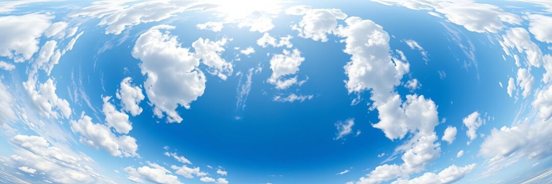 360 degrees seamless HDRI panorama of a blue sky with beautiful clouds and zenith view, ideal for 3D graphics, game development, and sky dome creation, 3D graphics, clouds, angle view